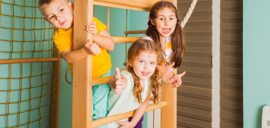 Portrait of smiling kids on a wooden ladder